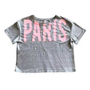 JUSTICE Girls 14/16 Cropped PARIS TEE Shirt Pearl Accents Pink Gray Barbiecore!